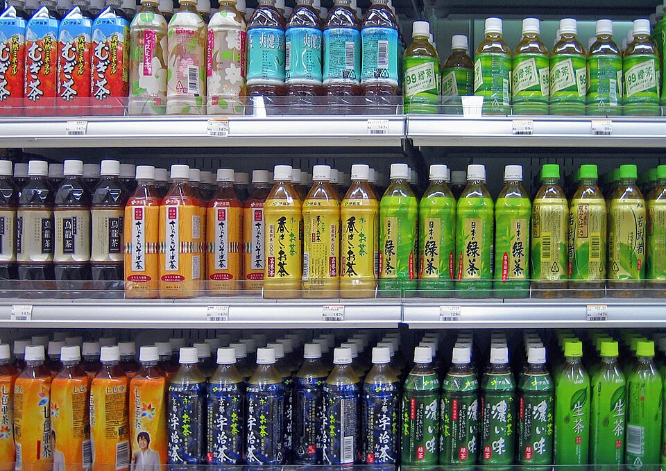 Rows of bottled tea in a Japanese shop