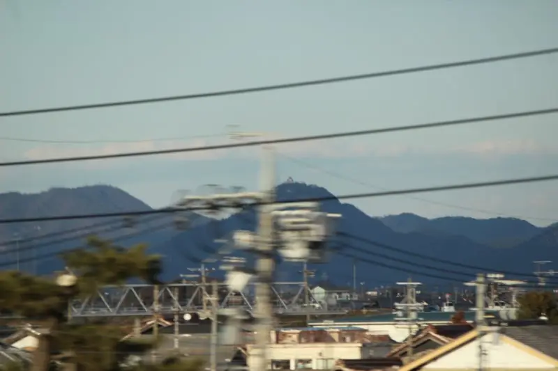 Gifu Castle seen in the distance from the Shinkansen