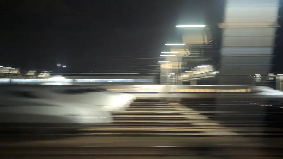 Shinkansen parked at the Torikai depot at night