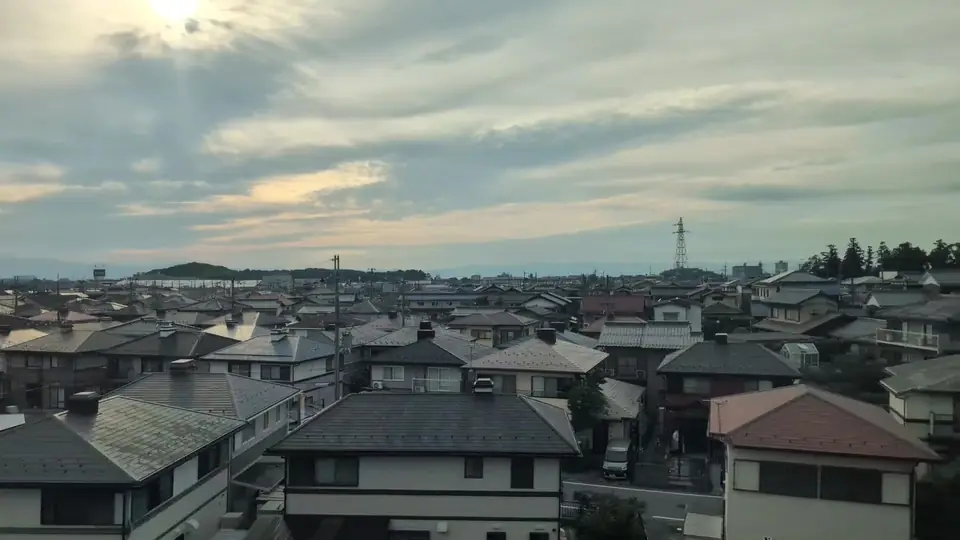 Hikone Castle from Seat E on a cloudy evening