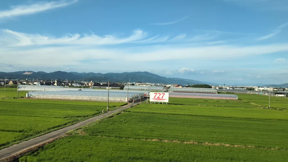 Long silver-white greenhouses among fields in East Mikawa